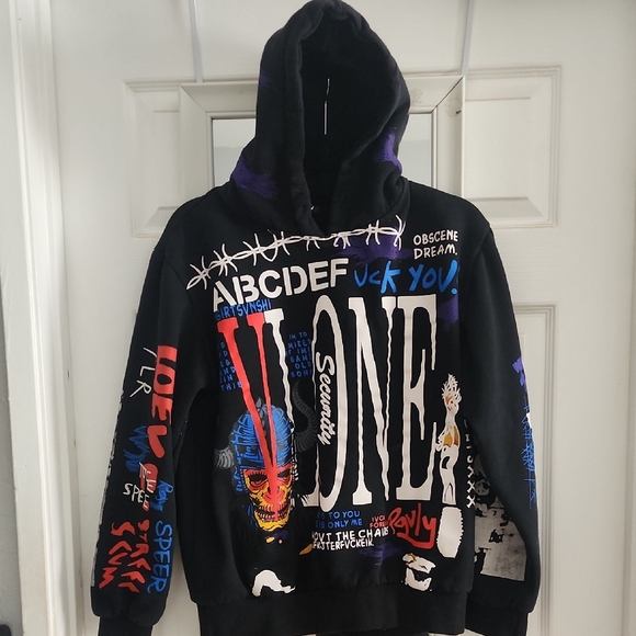 VLONE Graffiti Black Hoodie Streetwear with Multicolor Graphics - Picture 2 of 10